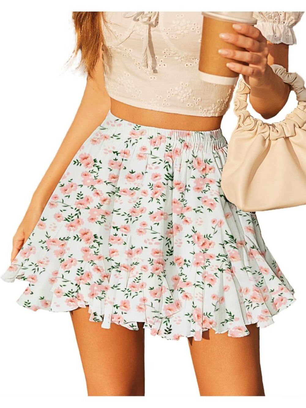 Women White Flower Polyester Pleated Flared Ruffle Elastic Waistband Mini Skirt